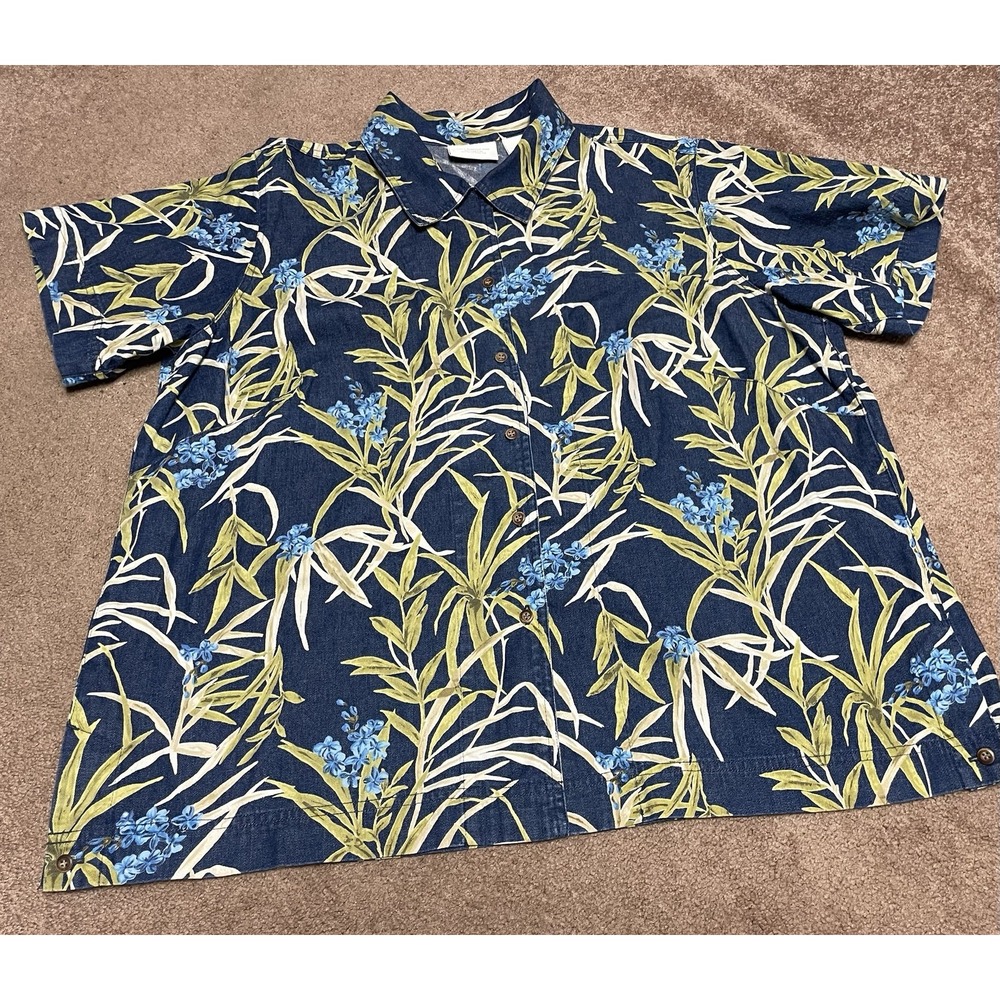 Liz Claiborne By Elisabeth Women's Blue Denim Short Sleeve Shirt Floral Vintage